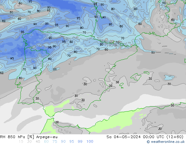 Humidité rel. 850 hPa Arpege-eu sam 04.05.2024 00 UTC