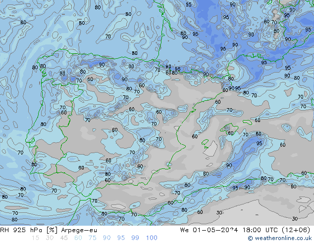 Humidité rel. 925 hPa Arpege-eu mer 01.05.2024 18 UTC