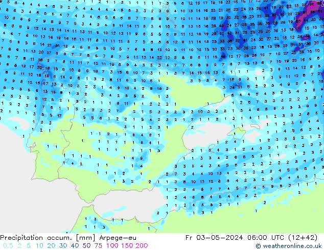 Totale neerslag Arpege-eu vr 03.05.2024 06 UTC