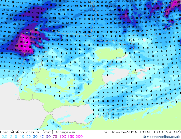 Precipitation accum. Arpege-eu Dom 05.05.2024 18 UTC