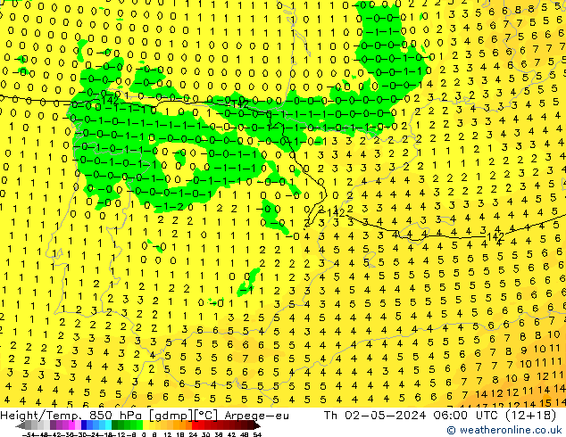 Height/Temp. 850 hPa Arpege-eu Th 02.05.2024 06 UTC