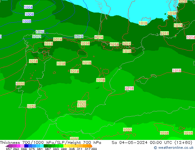 Thck 700-1000 hPa Arpege-eu so. 04.05.2024 00 UTC