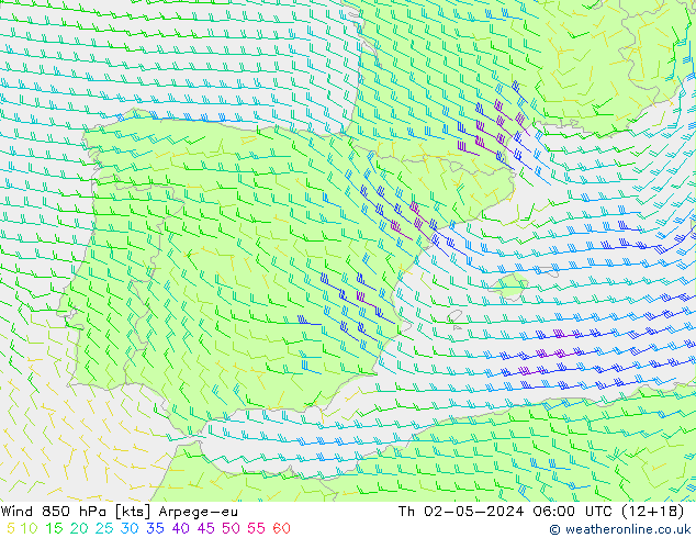 Wind 850 hPa Arpege-eu Čt 02.05.2024 06 UTC