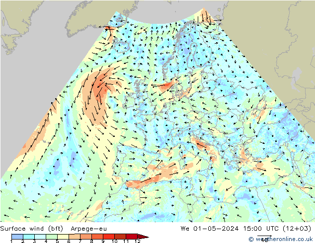 Wind 10 m (bft) Arpege-eu wo 01.05.2024 15 UTC