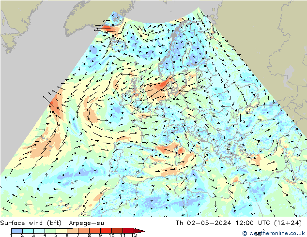 Wind 10 m (bft) Arpege-eu do 02.05.2024 12 UTC