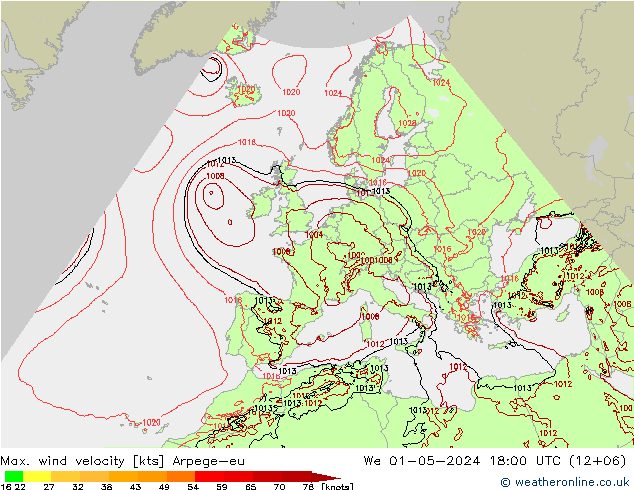 Max. wind velocity Arpege-eu mer 01.05.2024 18 UTC