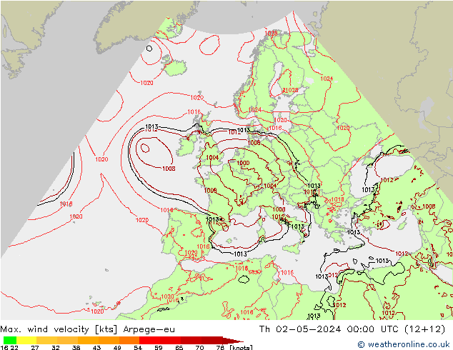 Max. wind velocity Arpege-eu Th 02.05.2024 00 UTC