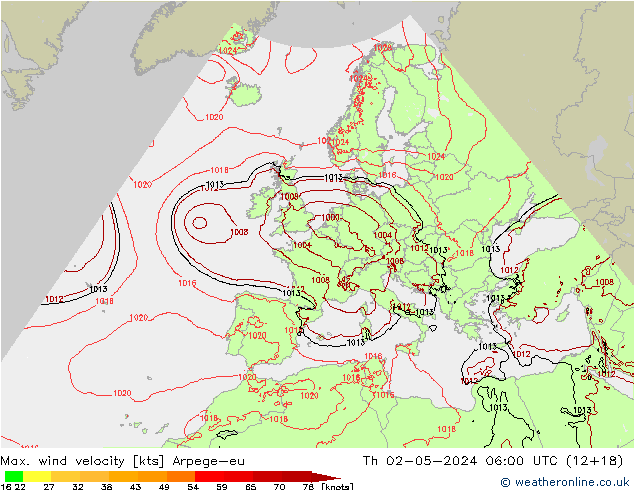 Max. wind velocity Arpege-eu Qui 02.05.2024 06 UTC