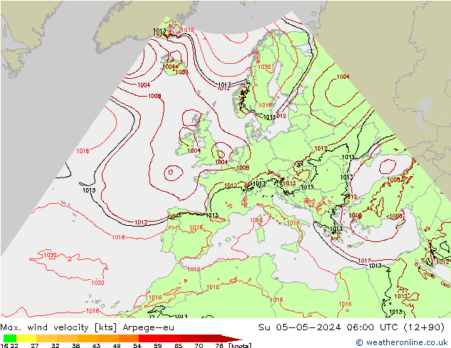 Max. wind velocity Arpege-eu dom 05.05.2024 06 UTC