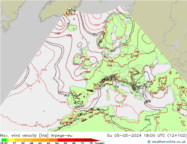 Max. wind velocity Arpege-eu Su 05.05.2024 18 UTC