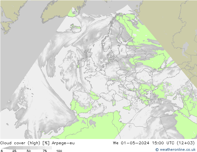 Cloud cover (high) Arpege-eu We 01.05.2024 15 UTC