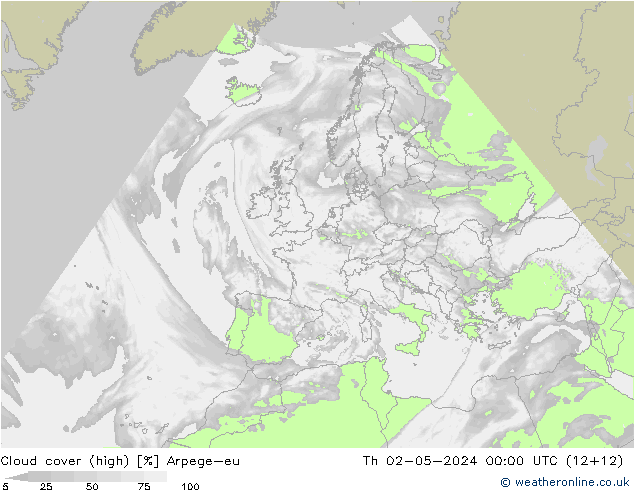 Cloud cover (high) Arpege-eu Th 02.05.2024 00 UTC