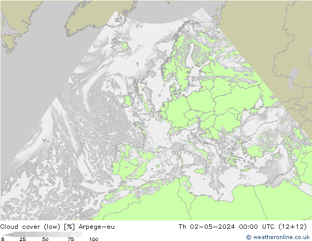 Cloud cover (low) Arpege-eu Th 02.05.2024 00 UTC