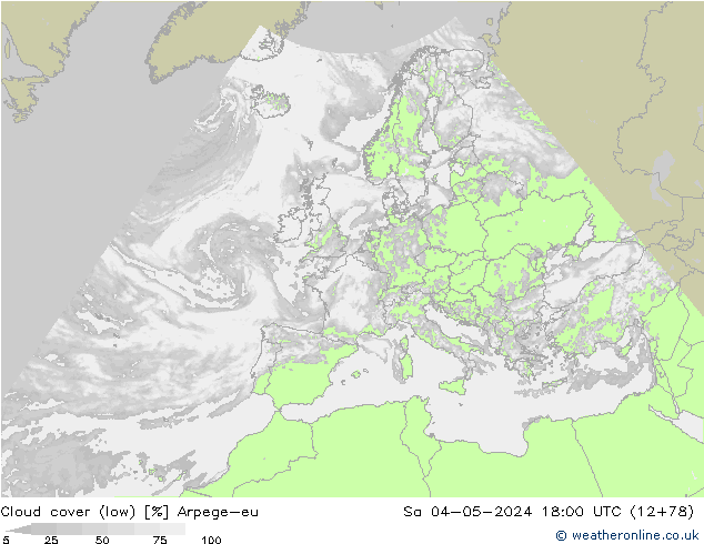 Cloud cover (low) Arpege-eu Sa 04.05.2024 18 UTC