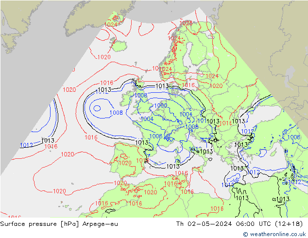 Atmosférický tlak Arpege-eu Čt 02.05.2024 06 UTC