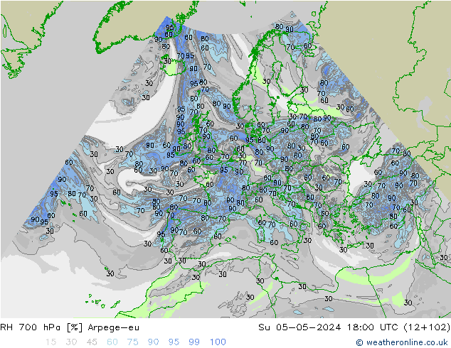 Humidité rel. 700 hPa Arpege-eu dim 05.05.2024 18 UTC