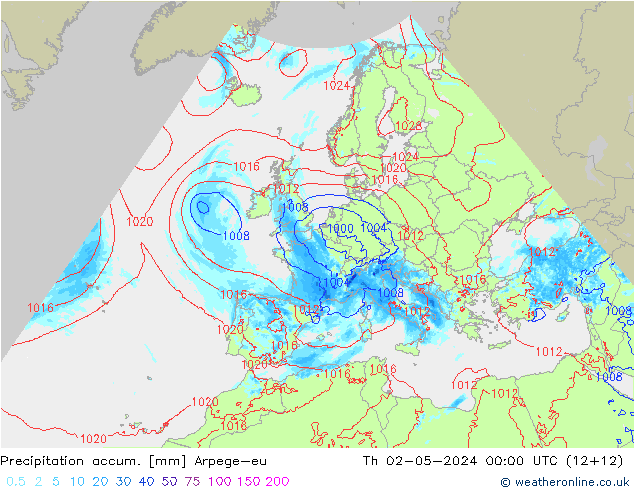 Précipitation accum. Arpege-eu jeu 02.05.2024 00 UTC