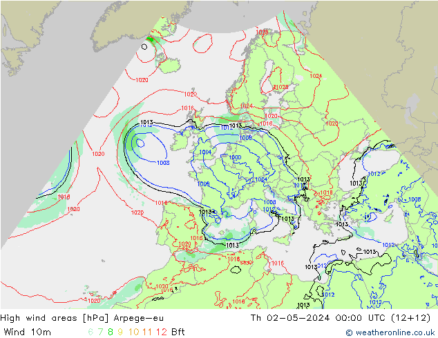 High wind areas Arpege-eu gio 02.05.2024 00 UTC