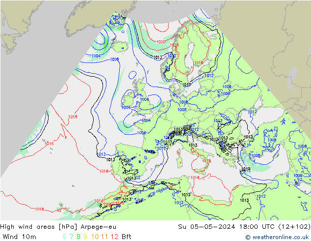 High wind areas Arpege-eu dim 05.05.2024 18 UTC