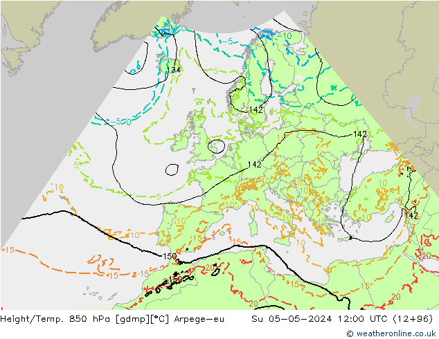 Hoogte/Temp. 850 hPa Arpege-eu zo 05.05.2024 12 UTC