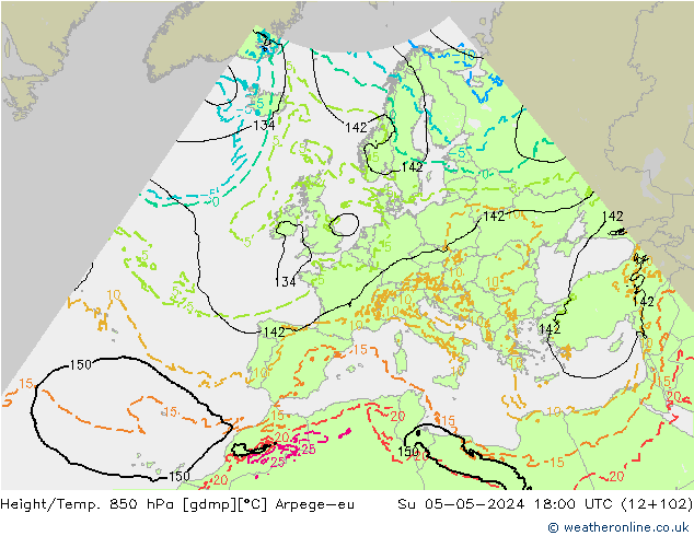 Yükseklik/Sıc. 850 hPa Arpege-eu Paz 05.05.2024 18 UTC