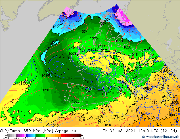 SLP/Temp. 850 hPa Arpege-eu Th 02.05.2024 12 UTC