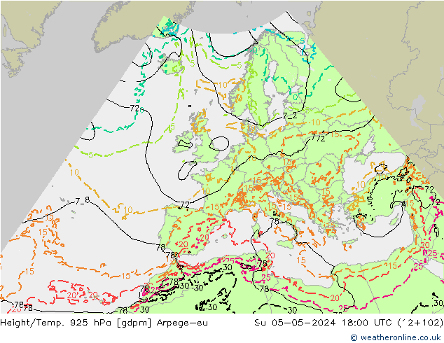 Height/Temp. 925 hPa Arpege-eu dom 05.05.2024 18 UTC