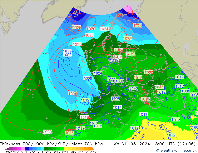 Espesor 700-1000 hPa Arpege-eu mié 01.05.2024 18 UTC