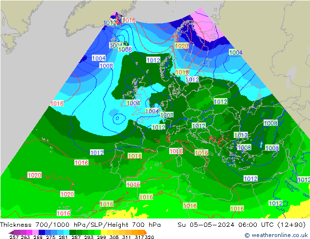 Thck 700-1000 гПа Arpege-eu Вс 05.05.2024 06 UTC