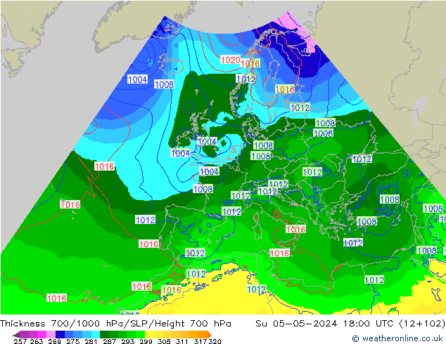 Thck 700-1000 гПа Arpege-eu Вс 05.05.2024 18 UTC