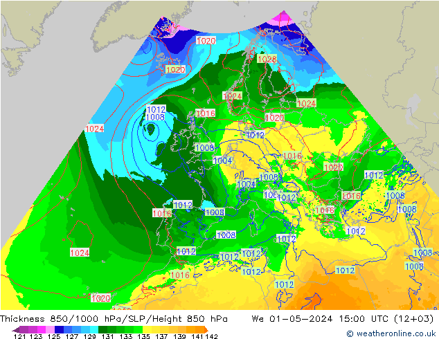 Dikte 850-1000 hPa Arpege-eu wo 01.05.2024 15 UTC