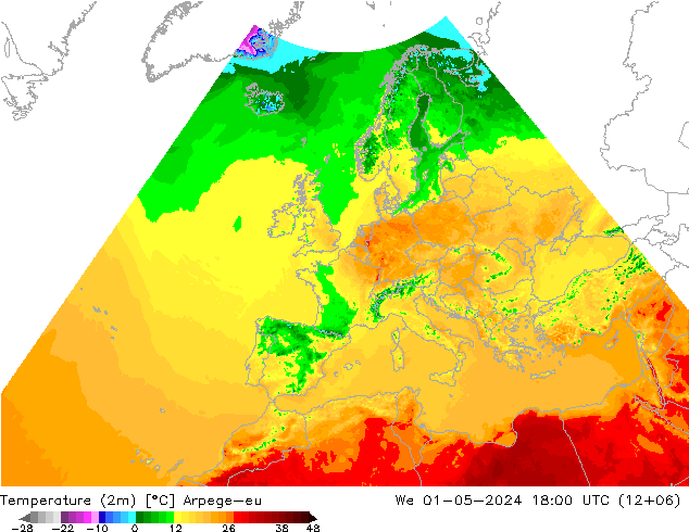 Temperatura (2m) Arpege-eu mer 01.05.2024 18 UTC