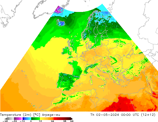 Temperatura (2m) Arpege-eu gio 02.05.2024 00 UTC