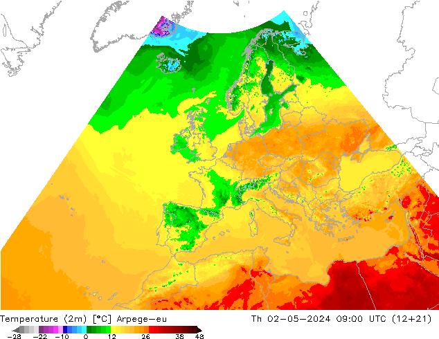 Sıcaklık Haritası (2m) Arpege-eu Per 02.05.2024 09 UTC