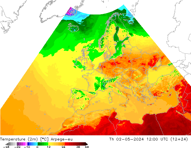 Temperature (2m) Arpege-eu Th 02.05.2024 12 UTC