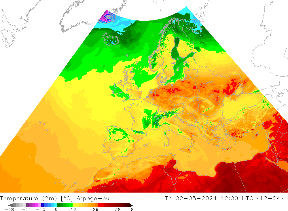 Temperatura (2m) Arpege-eu gio 02.05.2024 12 UTC