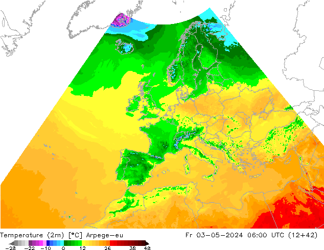 Temperaturkarte (2m) Arpege-eu Fr 03.05.2024 06 UTC