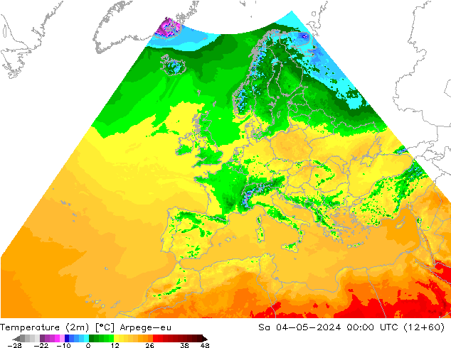 Temperaturkarte (2m) Arpege-eu Sa 04.05.2024 00 UTC