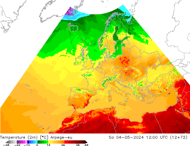 Temperatuurkaart (2m) Arpege-eu za 04.05.2024 12 UTC