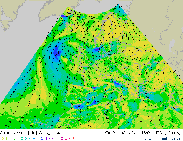 Vento 10 m Arpege-eu mer 01.05.2024 18 UTC