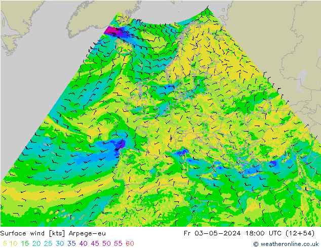 Viento 10 m Arpege-eu vie 03.05.2024 18 UTC