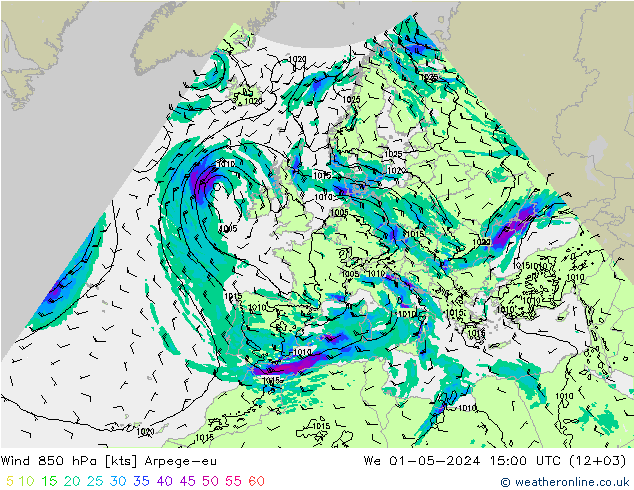 Vent 850 hPa Arpege-eu mer 01.05.2024 15 UTC