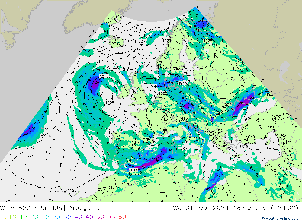 Wind 850 hPa Arpege-eu We 01.05.2024 18 UTC