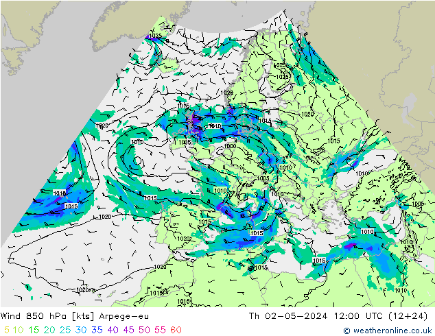 wiatr 850 hPa Arpege-eu czw. 02.05.2024 12 UTC