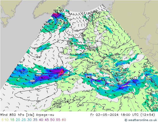 Vento 850 hPa Arpege-eu ven 03.05.2024 18 UTC