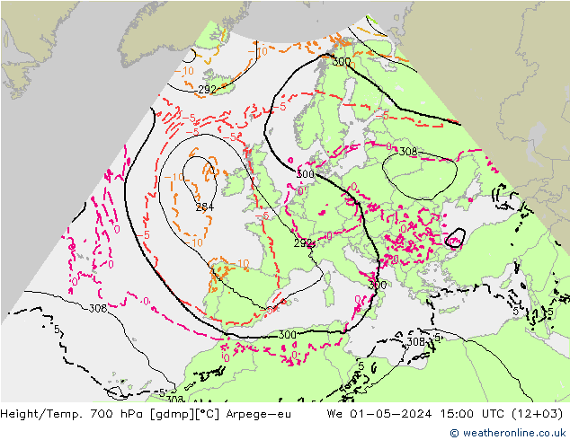 Hoogte/Temp. 700 hPa Arpege-eu wo 01.05.2024 15 UTC