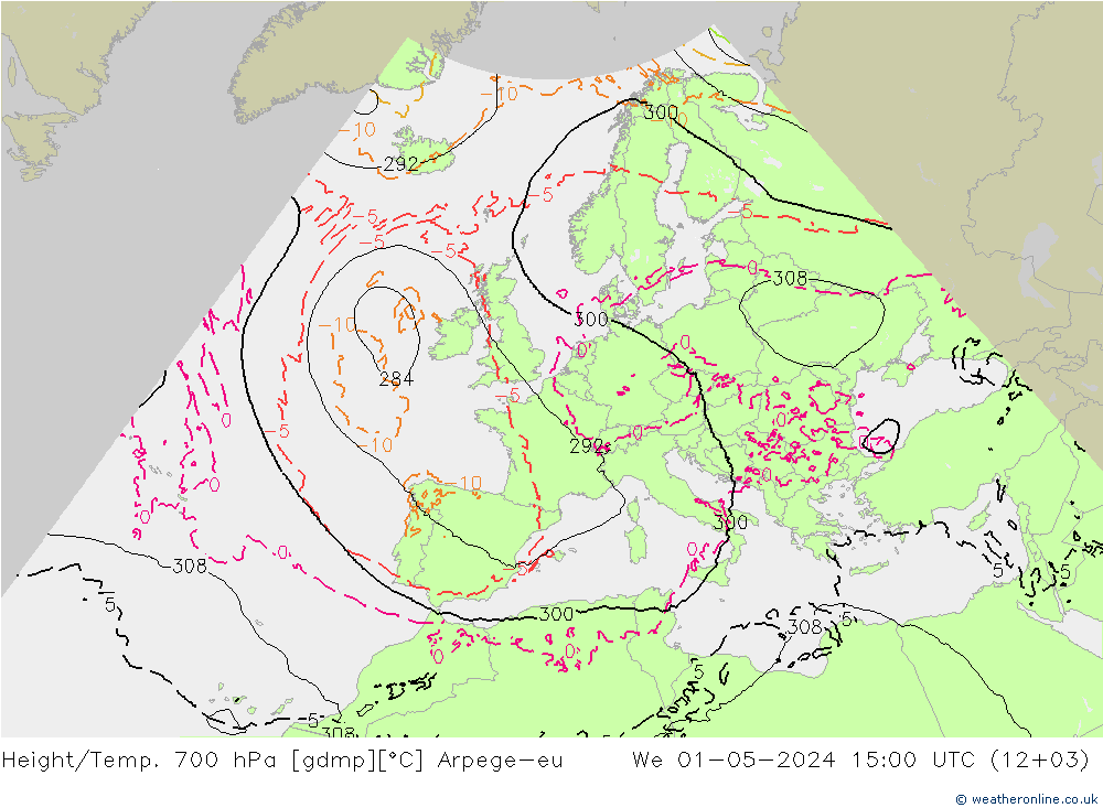 Hoogte/Temp. 700 hPa Arpege-eu wo 01.05.2024 15 UTC