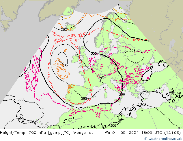 Height/Temp. 700 hPa Arpege-eu Mi 01.05.2024 18 UTC