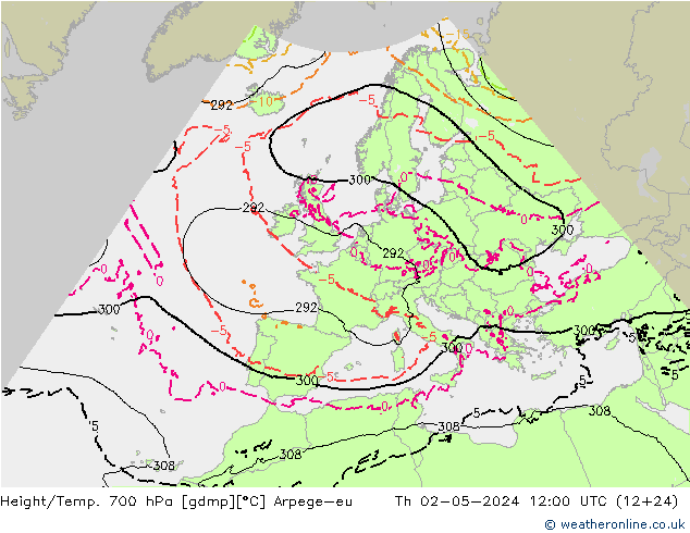 Height/Temp. 700 hPa Arpege-eu czw. 02.05.2024 12 UTC