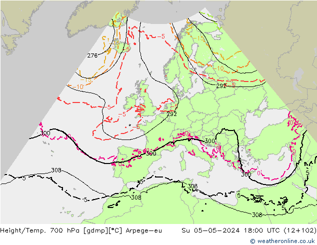 Height/Temp. 700 hPa Arpege-eu dom 05.05.2024 18 UTC